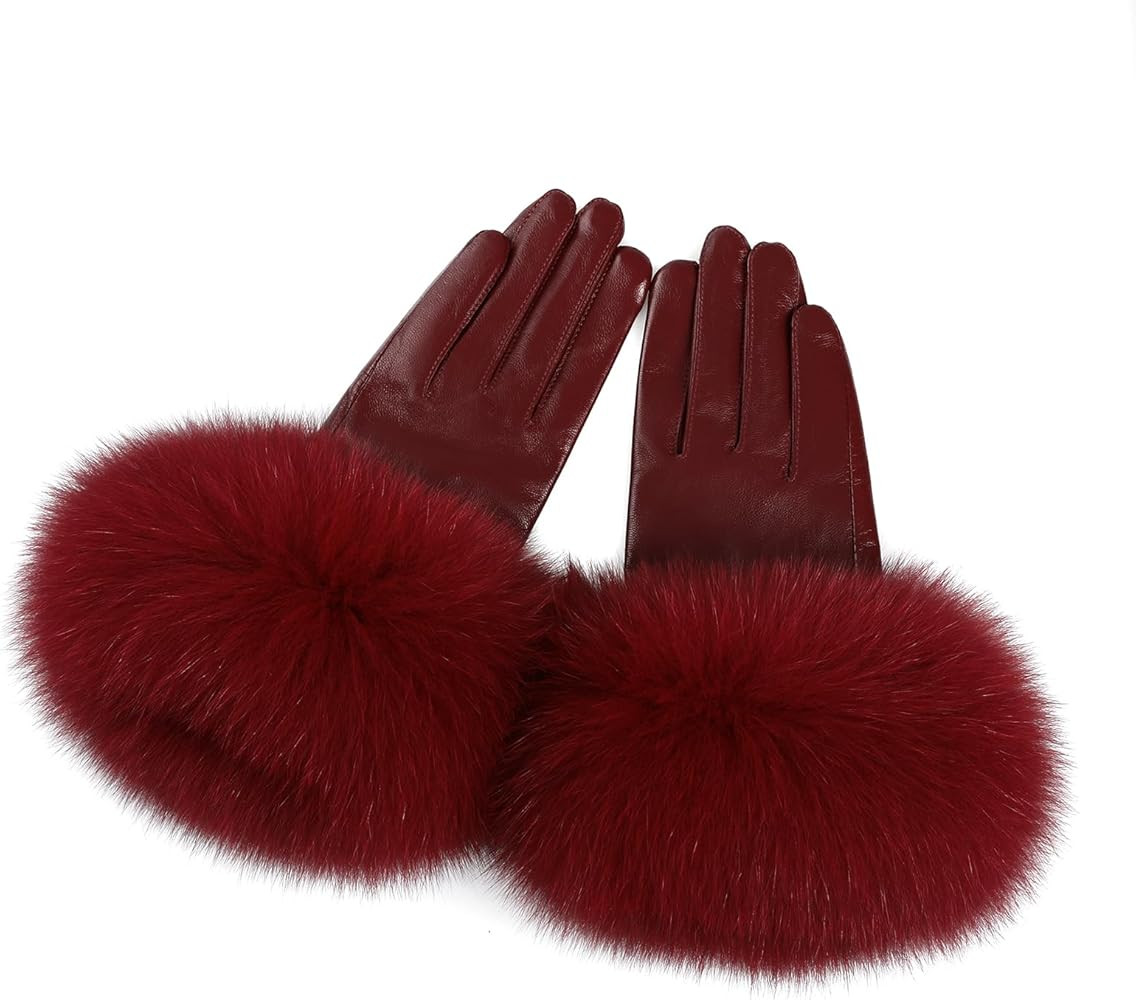 Women Genuine Lambskin Leather Gloves With Real Fox Fur Trim Cuff Winter Warm Driving Gloves-Velv... | Amazon (US)