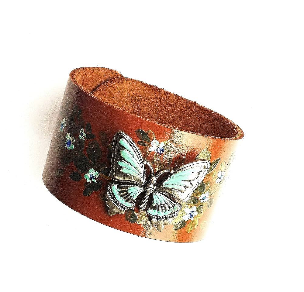 Goddess Arts Collection Adjustable Silver Plated and Turquoise Butterfly Stud Brown Leather Cuff ... | Amazon (US)