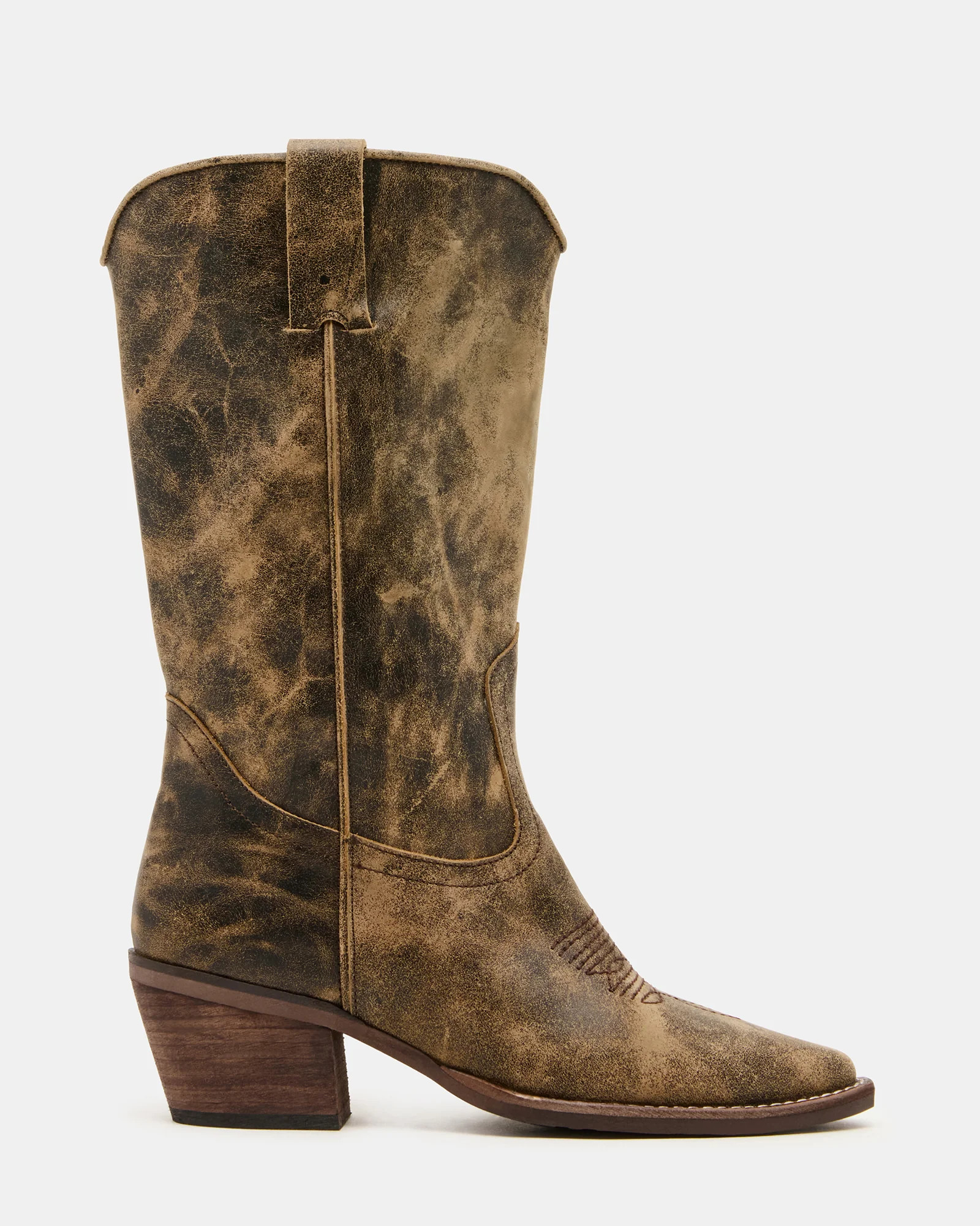 ALBANY Brown Distressed Wide Calf Pointed-Toe Women's Western Boot | Steve Madden (US)