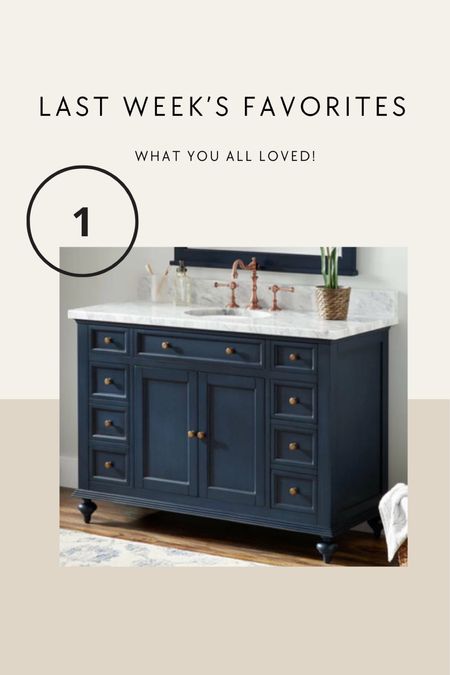 Dark blue bathroom vanity cabinet and countertop combo!! Very high quality. 

#LTKHome