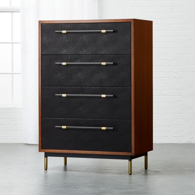 Oberlin Tall 4-Drawer Black Leather and Wood Dresser + Reviews | CB2 | CB2