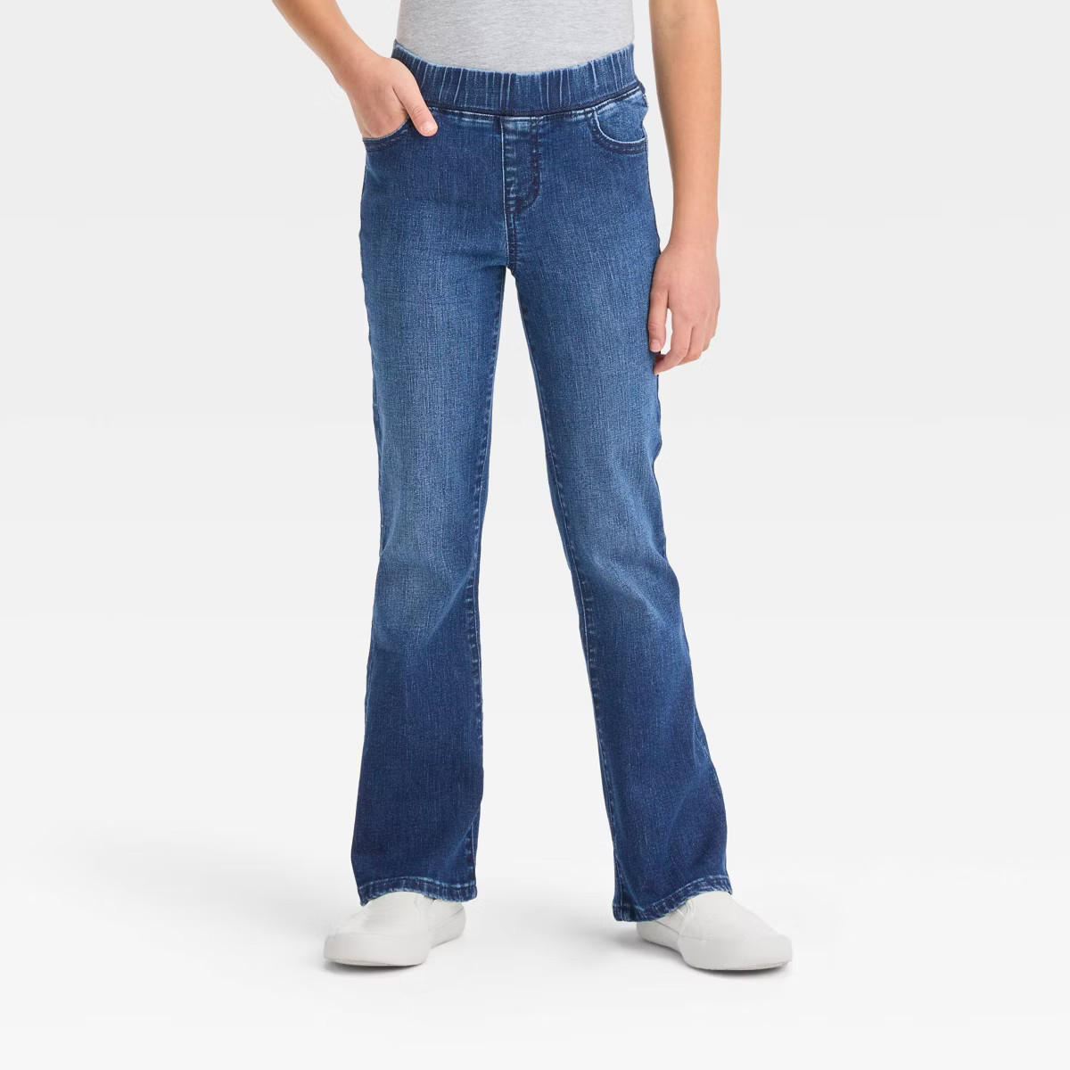 Girls' Mid-Rise Pull-On Flare Jeans - Cat & Jack™ Medium Wash 8: Denim, Elastic Waist, Back Poc... | Target
