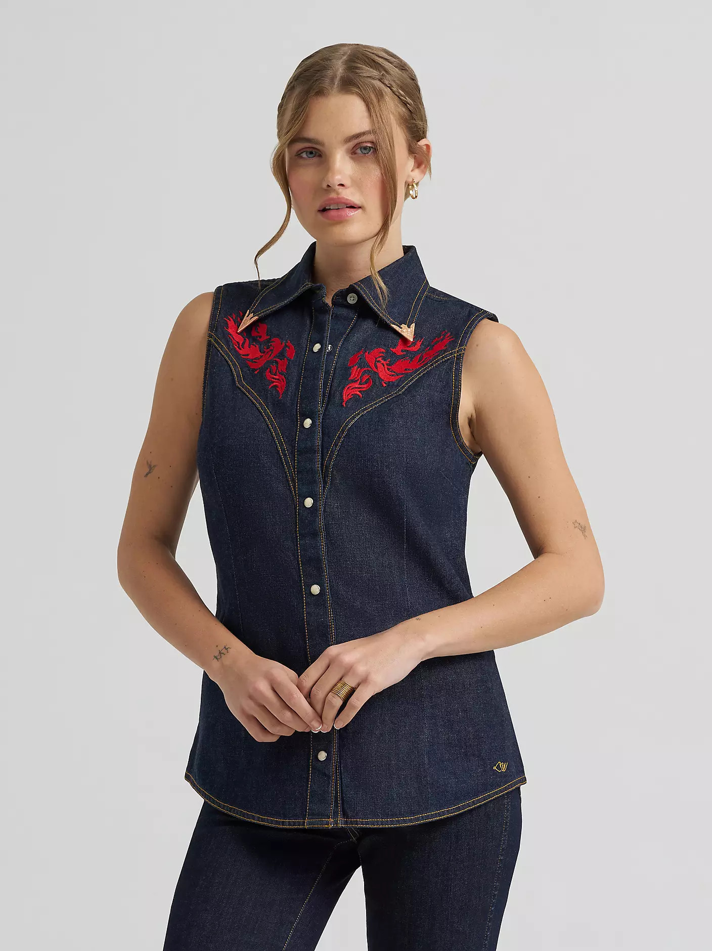 Lainey Wilson x Wrangler Embroidered Sleeveless Denim Shirt | Wrangler