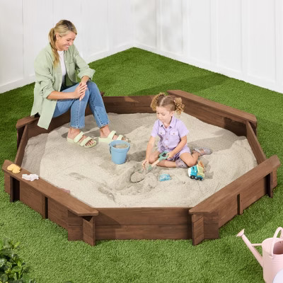 Best Choice Products Kid's Octagonal Wooden Outdoor Sandbox w/ Benches, 8 Seats, Cover, XL Sandpit, Liner - Walnut | Target