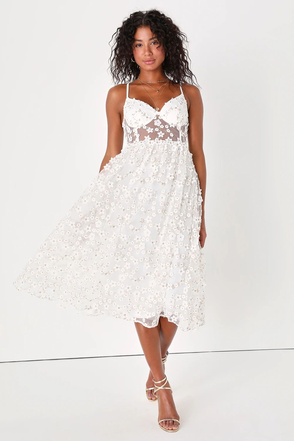 Darling Romance White Tulle Floral Applique Bustier Midi Dress | Lulus (US)