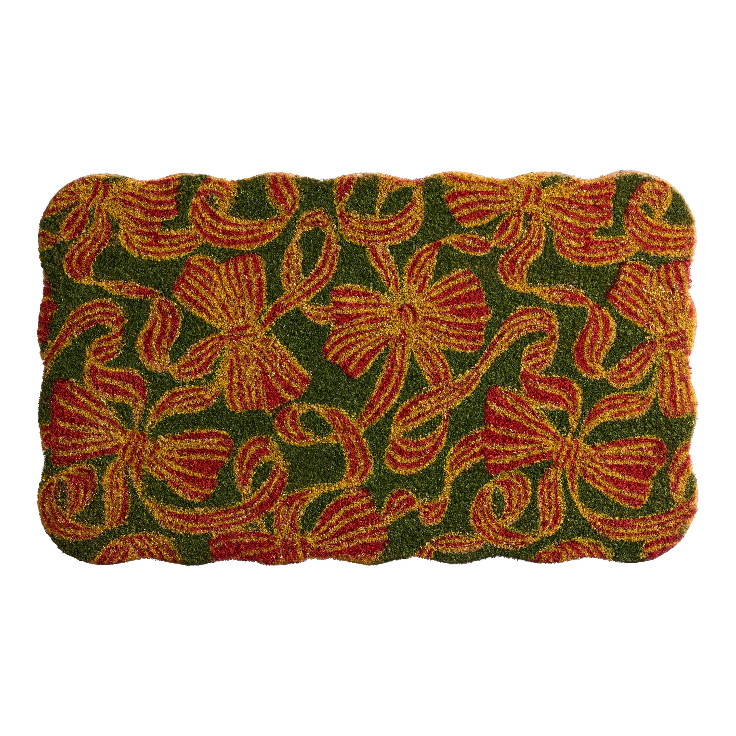 Sparkling Gold and Red Holiday Bows Scalloped Coir Doormat | World Market