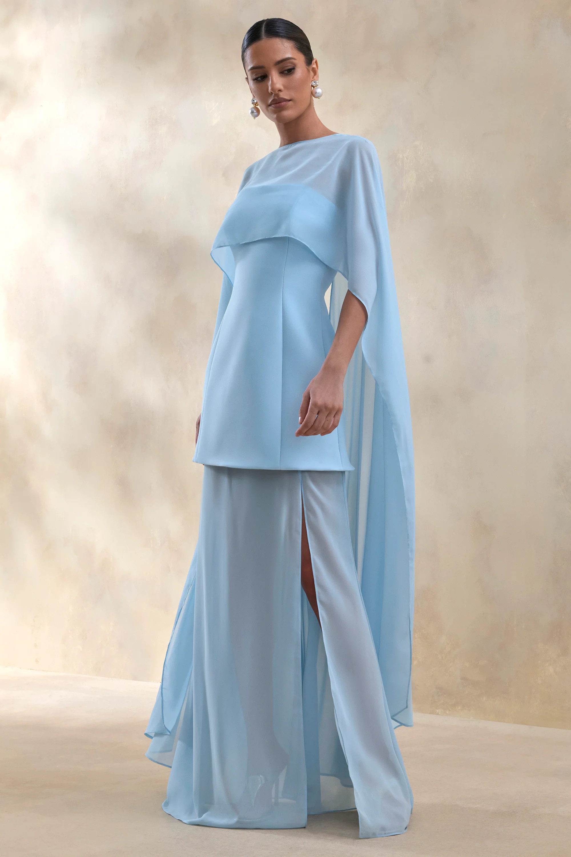Chessa | Powder Blue Boat-Neck Maxi Dress With Sheer Cape | Club L London