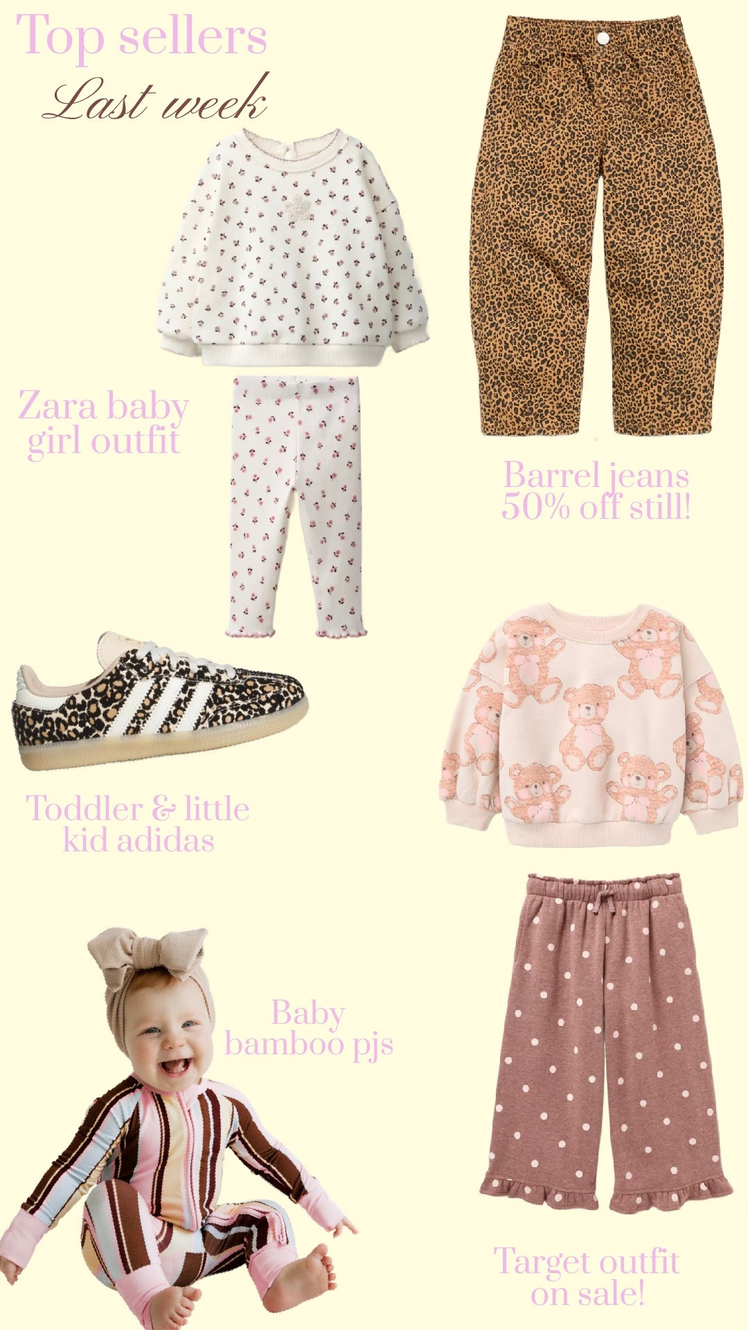 Top sellers last week
Old navy toddler girl barrel jeans 50% off
Zara baby girl outfit 
Leopard print adidas
Target teddy bear outfit on sale 
Bamboo pjs

#LTKKids #LTKBaby #LTKSaleAlert