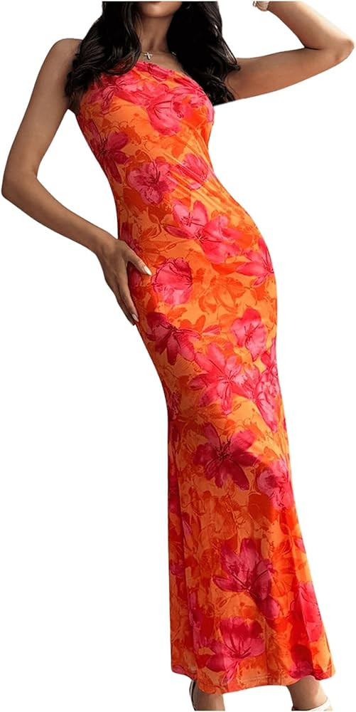 GORGLITTER Women's Floral Asymmetrical Bodycon Maxi Long Dress One Shoulder Summer Graduation Goi... | Amazon (US)