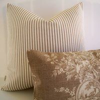 Brown Ticking Pillow Farmhouse Cover Cream Stripe Cottage | Etsy (US)
