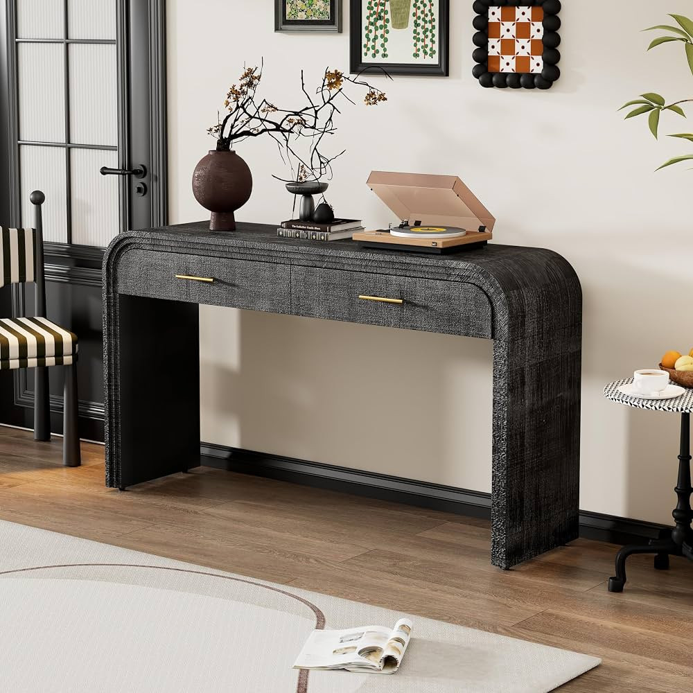 59.05" Console Table with Two Drawers, Farmhouse Wooden Hallway Table, Unique Retro Silhouette En... | Amazon (US)