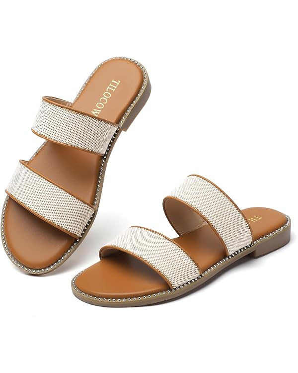 Tilocow Women's Flat Sandals with Rivets Inlaid Slip on Sandals Two Strap Casual Summer Slide Sho... | Amazon (US)