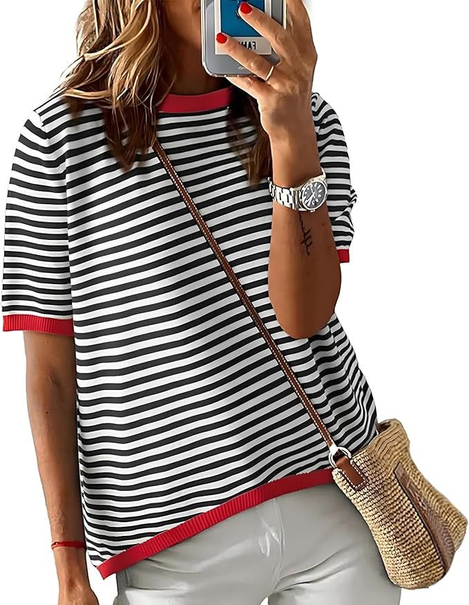 Womens Striped Knit T-shirt Crew Neck Short Sleeve Color Block Loose Fit Pullover Tops Summer Blo... | Amazon (US)