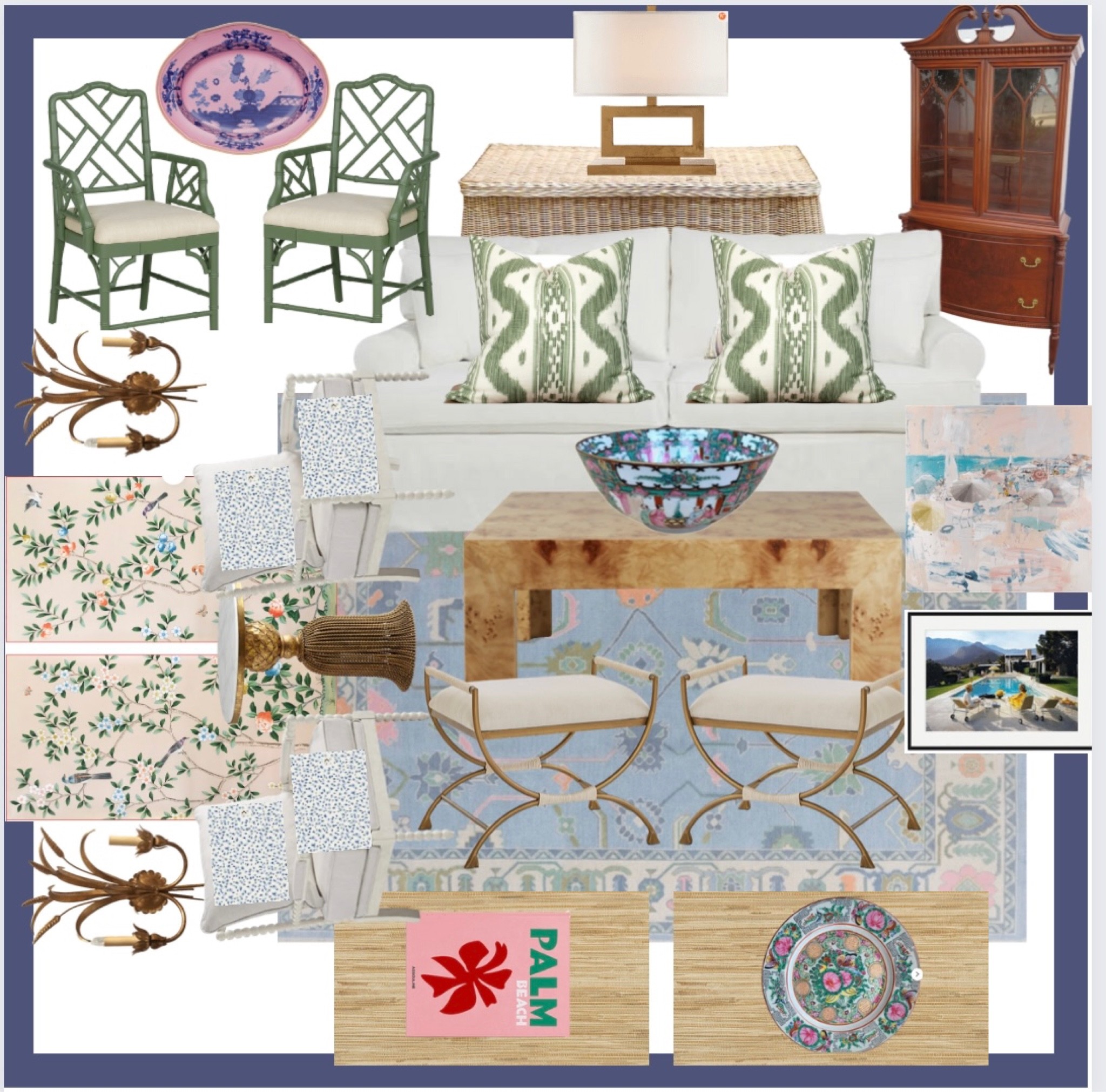Living room design // Chinese Chippendale chairs // Scallop wicker rattan console // chinoiserie panels // burl wood coffee table // white sofa // green blue pink living room // Rose Medallion // ottoman bench // Slim Aarons // grandmillennial // Oushak rug // spindle chair 

#LTKSeasonal #LTKhome