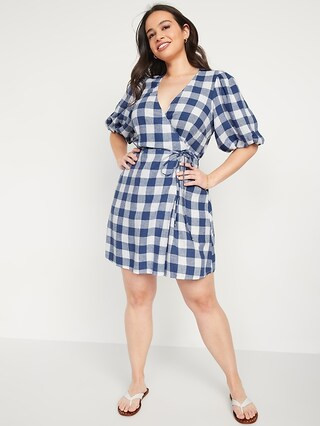 Puff-Sleeve Waist-Defined Gingham Mini Wrap Dress | Old Navy (US)