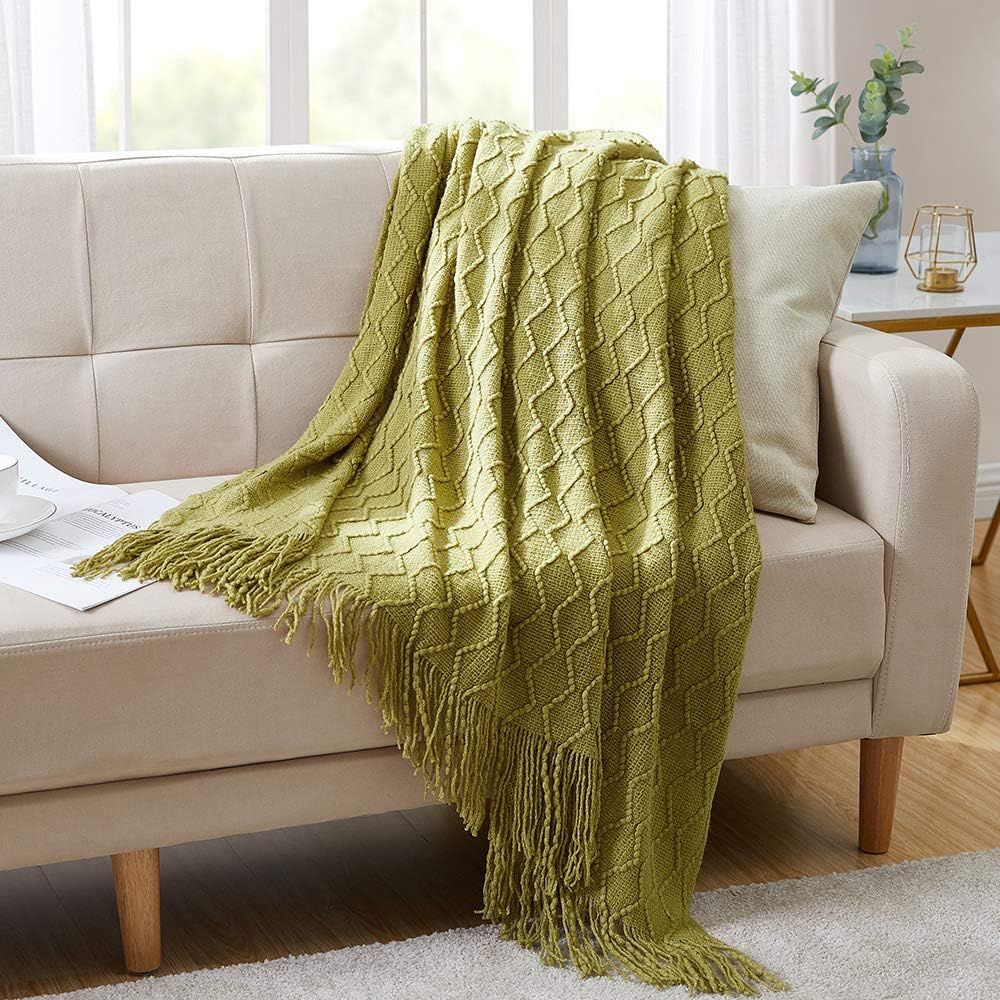 BOURINA Textured Solid Soft Sofa Throw Couch Cover Knitted Decorative Blanket, 50" x 60", Olive G... | Amazon (US)