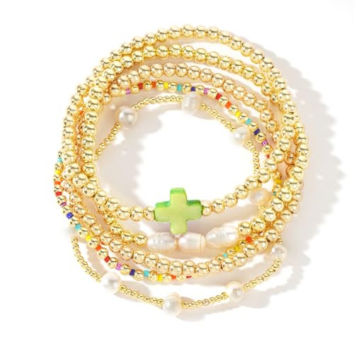 14K Gold Pearl Beaded Cross Bracelets Stack Set for Women,Stretch Boho Colorful Christian Beads B... | Amazon (US)