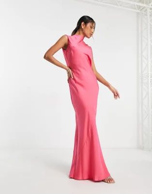 ASOS DESIGN satin cowl back maxi dress with high neck in hot pink | ASOS (Global)