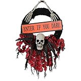 Haunted Hill Farm 25.5 in. Hanging Wreath with Skull, Flowers, and Feathers | Purple Lighted Eyes |  | Amazon (US)