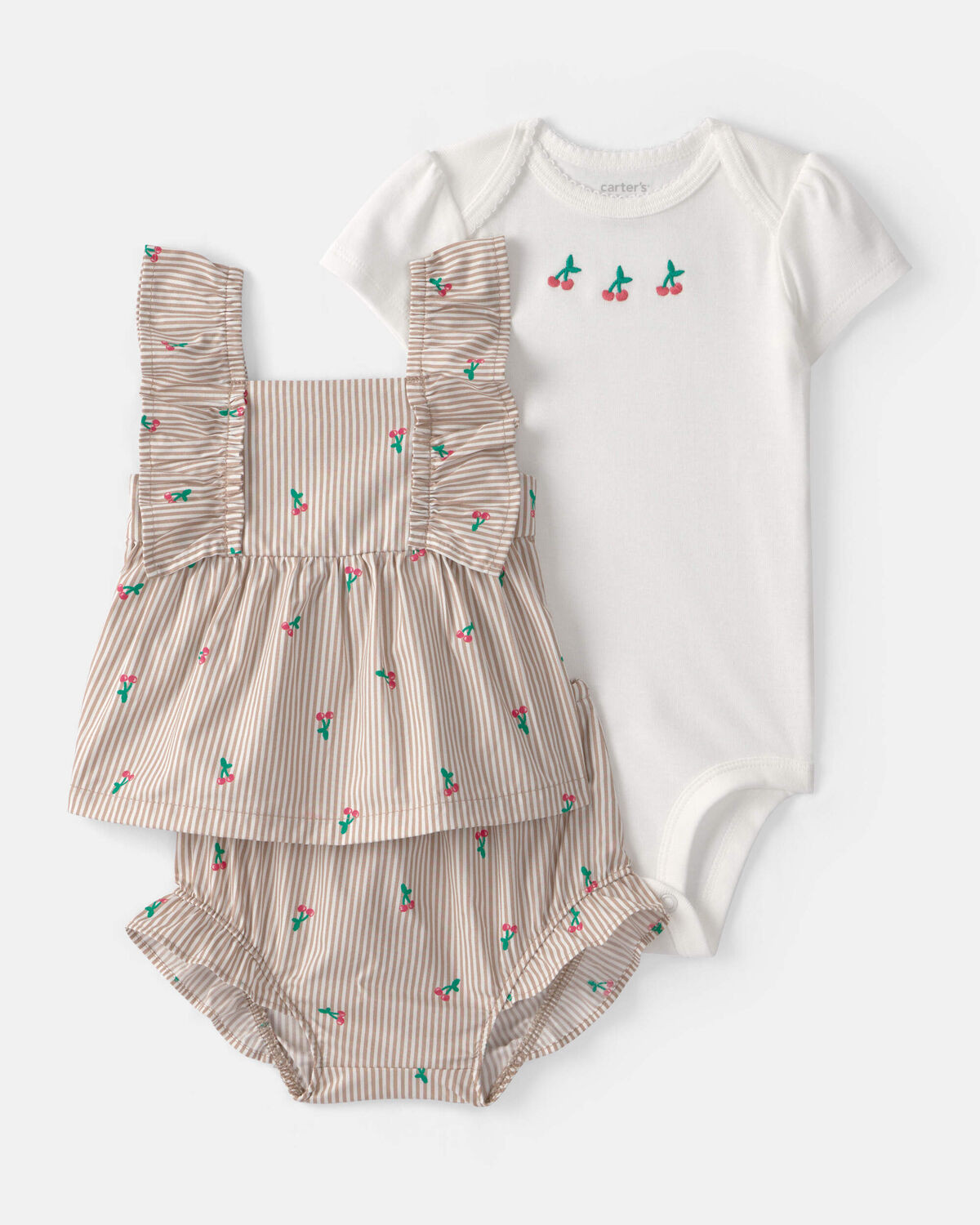 Baby Girl 3-Piece Cherry Striped Outfit Set - Beige/White | Carter's Inc