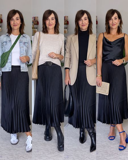 Outfit ideas for a pleated midi skirt!
My skirt has an elastic waist and fits tts, I’m 5’ 7 wearing S. 
Everything else fits tts, in the beige sweater I’m wearing men’s M and the Adidas sneakers are also men’s sizes so I got a 6 (I’m women’s 7.5)


#LTKstyletip #LTKover40 #LTKshoecrush