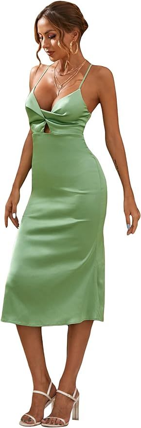 WDIRARA Women's Twist Front Cut Out Sleeveless Criss Cross Tie Backless Satin Cami Dress | Amazon (US)