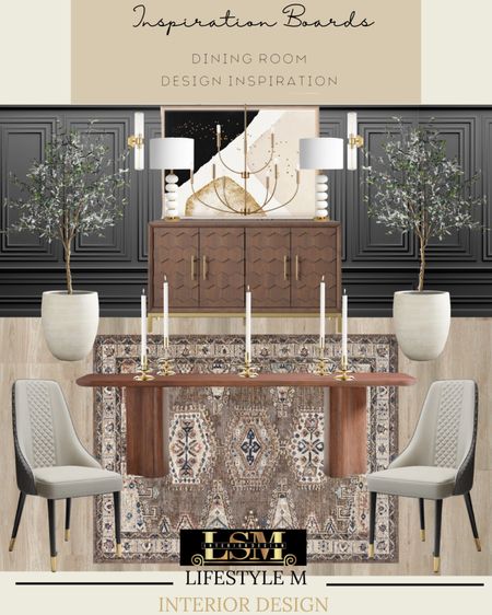 Dark and sophisticated dining room design inspiration. Wood dining table, upholstered dining chair, brown dining room rug, wood floor tile, brass gold candle holder, white tree planter pot, faux fake tree, wood buffet console table, white table lamp, wall art, brass gold dining room chandelier.

#LTKhome #LTKstyletip #LTKFind