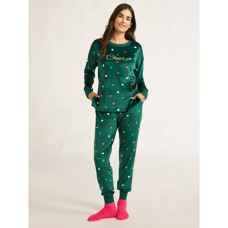 Joyspun Women's Stretch Velour Pajama Set with Socks, 3-Piece, Sizes XS-3X | Walmart (US)