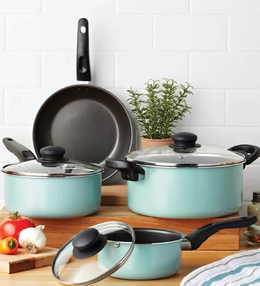 Mainstays 7 Piece Non-Stick Cookware Set Aluminium Mint, Dishwasher Safe | Walmart (US)