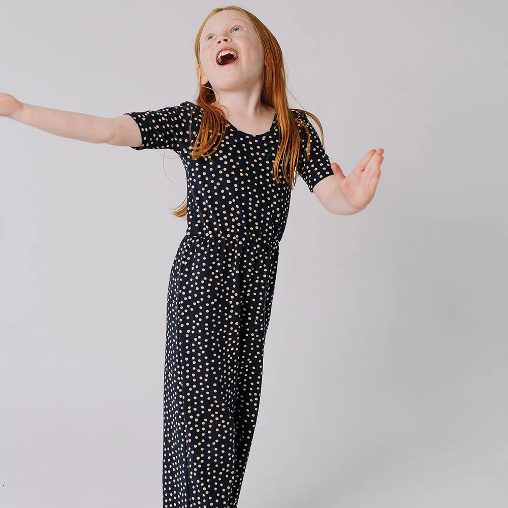 THE SHORT SLEEVE WIDE LEG JUMPSUIT IN NAVY DOTS | Alice + Ames