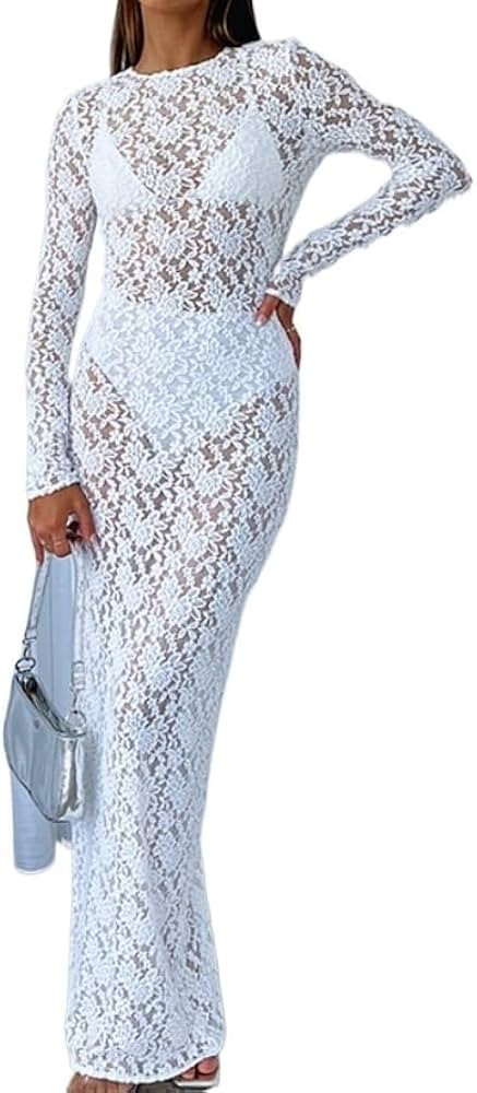 White Black Floral Lace See Through Maxi Dress Elegant Sexy Women Party Photoshoot Long Sleeve Dr... | Amazon (CA)