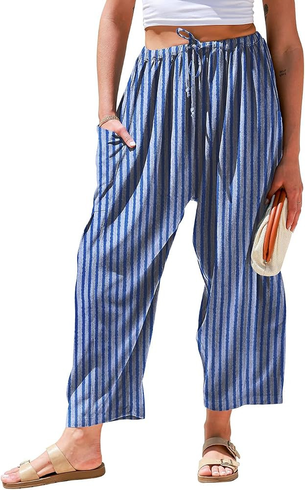 TARSE Womens Wide Leg Striped Linen Pants with Pocket | Amazon (US)