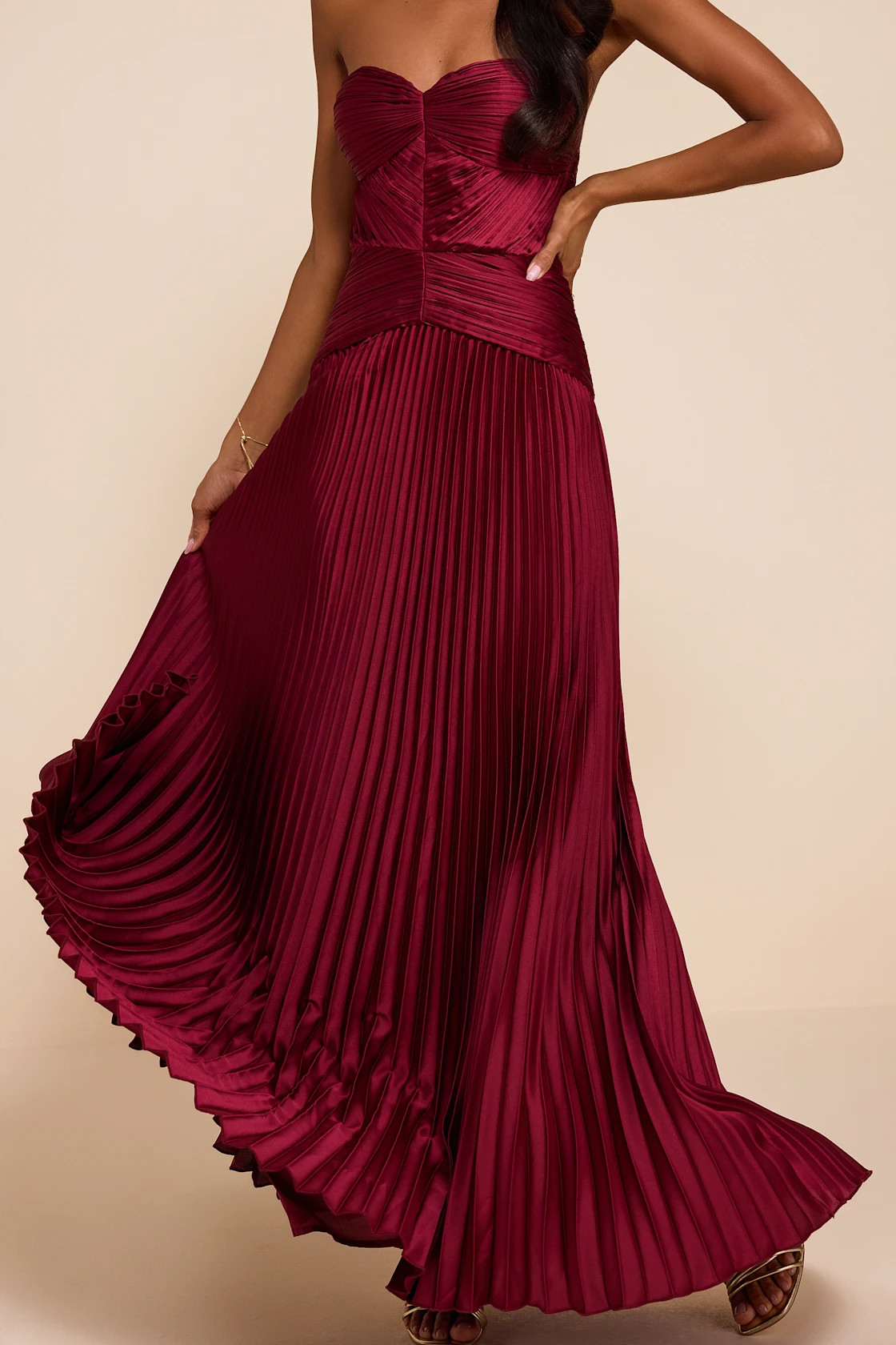 Elkay Burgundy Pleated Satin Drop Waist Maxi Dress | Lulus