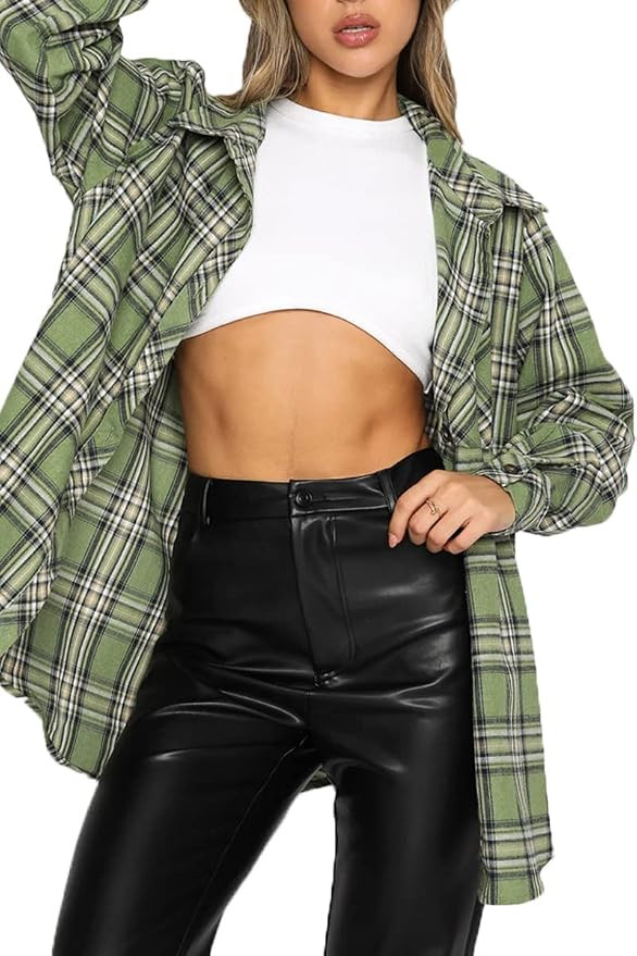 CHYRII Womens Button Down Flannel Shirts Long Sleeve Plaid Shackets Business Casual Blouse Top | Amazon (US)