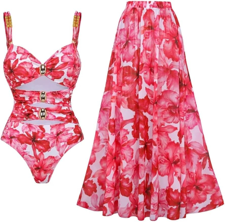 FLAXMAKER Cutout Flower Print One Piece Swimsuit and Skirt Set | Amazon (US)