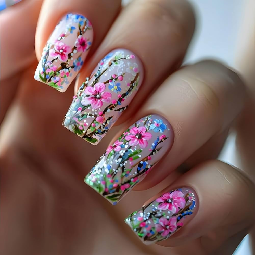 Flower Press on Nails Medium Square Colorful Floral Pattern Design Spring Summer False Nail Artif... | Amazon (US)