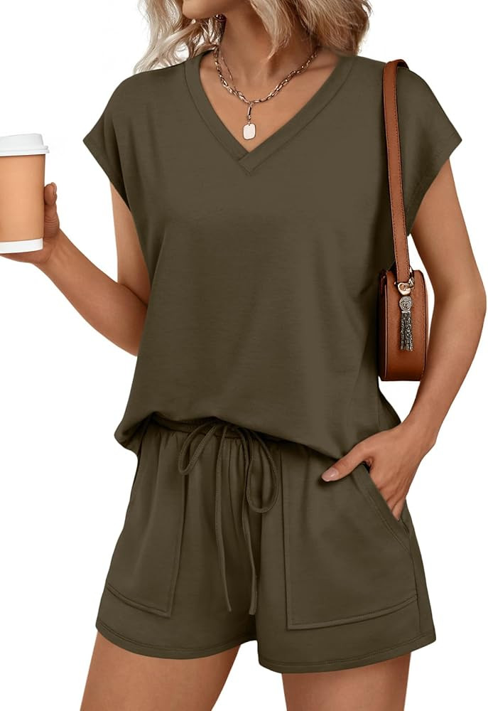 AUTOMET Women 2 Piece V Neck Matching Lounge Sets Clothing Spring Cap Sleeve Shirt and Shorts 202... | Amazon (US)