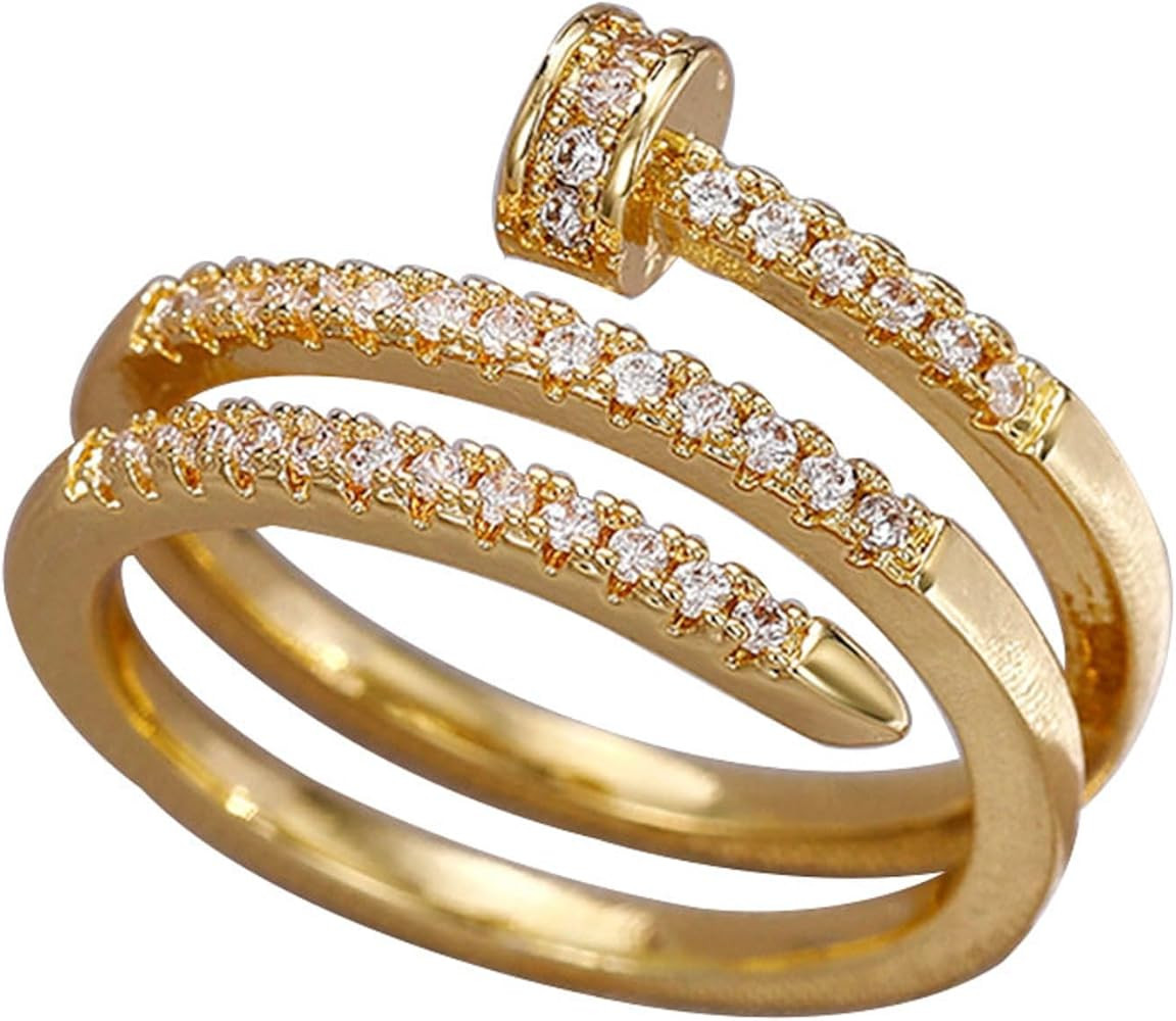 Double Inlaid Zirconia Gold Stainless Steel Nail Ring, Creative Spiral Multi-layer Nail Rings, Pe... | Amazon (US)