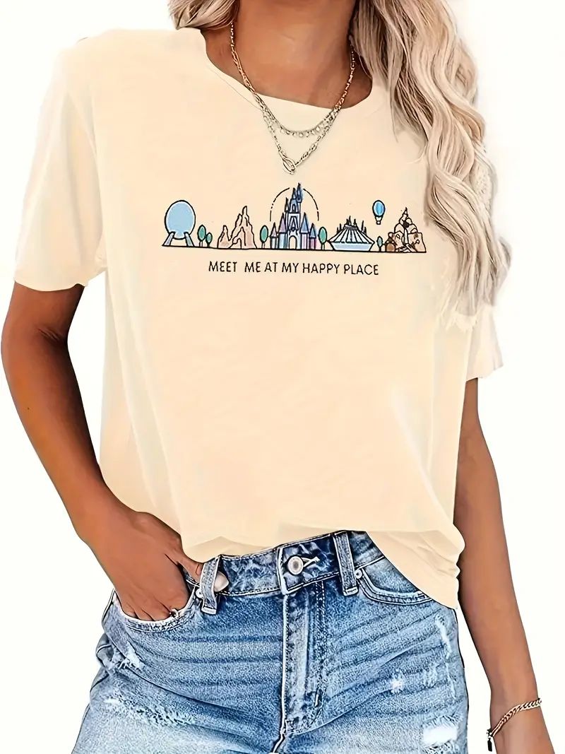 Cartoon Castle Print Crew Neck T shirt Casual Short Sleeve - Temu | Temu Affiliate Program