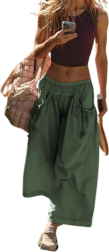Hooever Women's Loose Wide Leg Track Pants Drawstring Pockets Elastic Waist Capri Hiking Pants | Amazon (US)