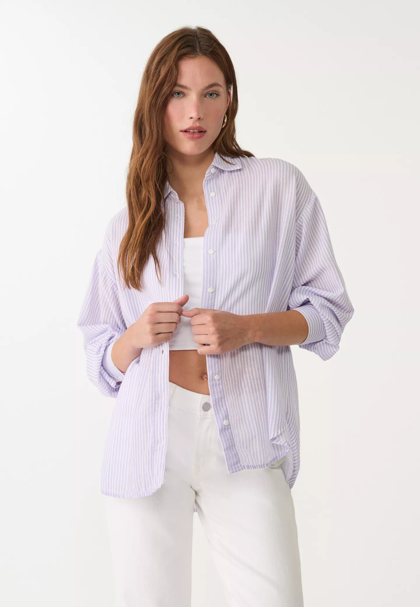 Linen-look flowing shirt - Women's fashion | Stradivarius United Kingdom | Stradivarius (UK)