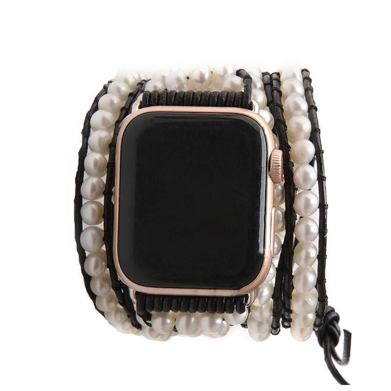 Freshwater Pearls on Dark Apple Watch Strap | Victoria Emerson