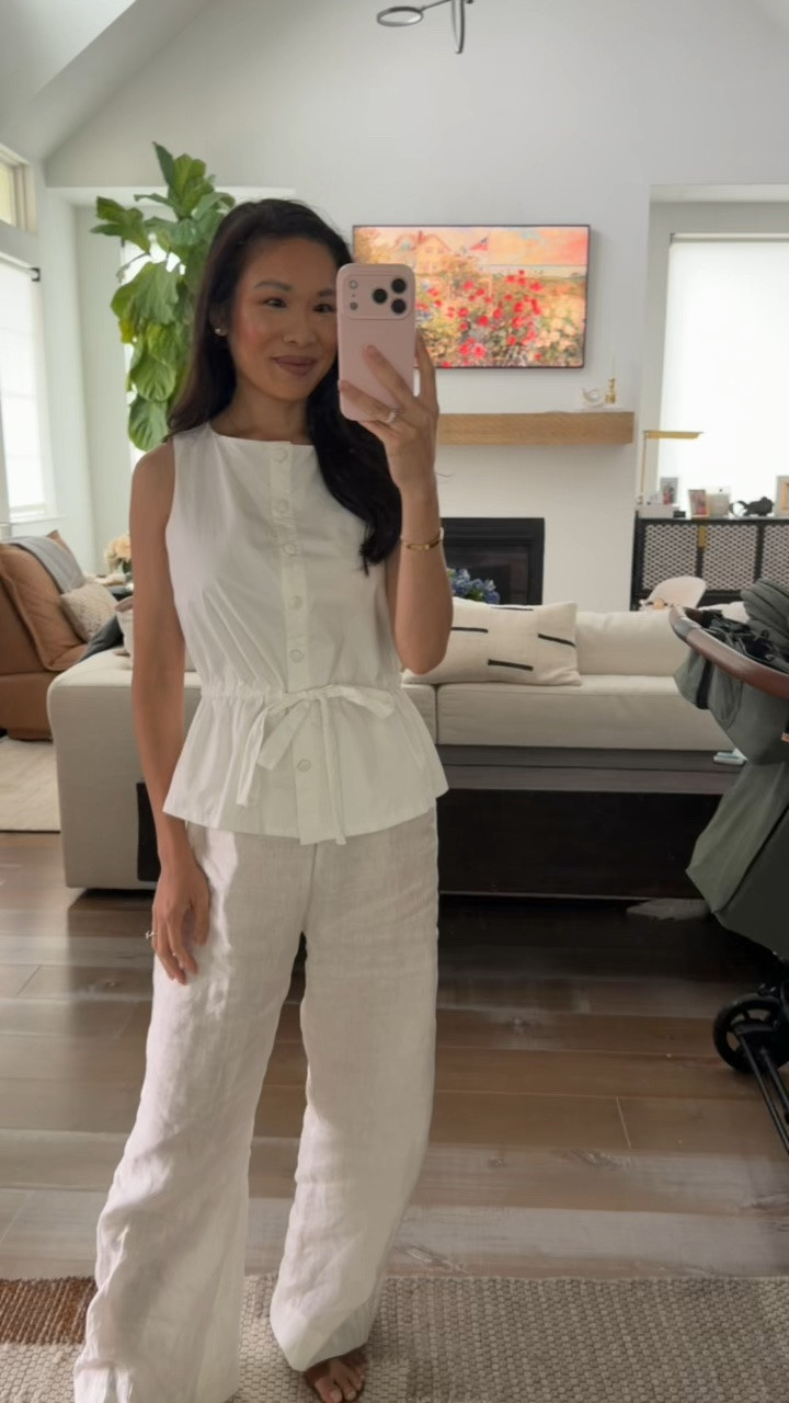 Love this outfit for summer! White cotton poplin top styled with linen pants and sandals for a chic look. Comfortable, flattering, and breathable. Top is XXS and bottoms are XS

#LTKootd #LTKSeasonal