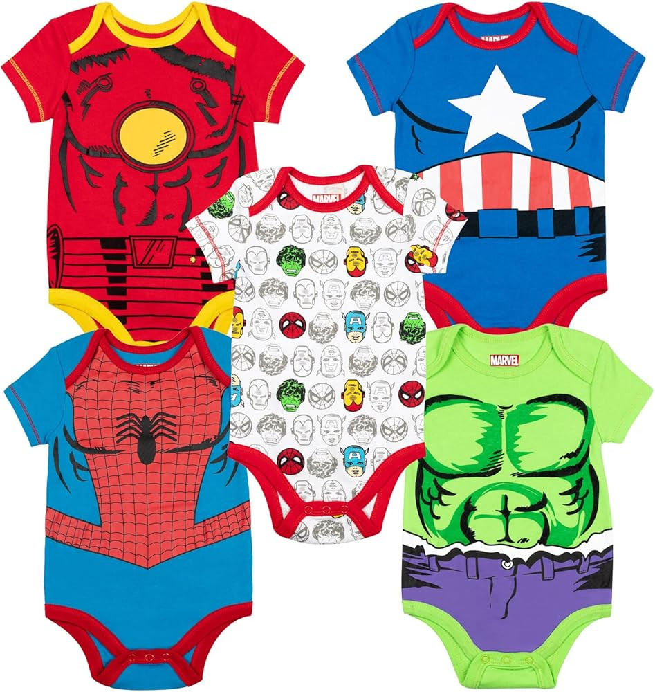 Marvel Baby Boys' 5 Pack Bodysuits - The Hulk, Spiderman, Iron Man, and Captain America | Amazon (US)