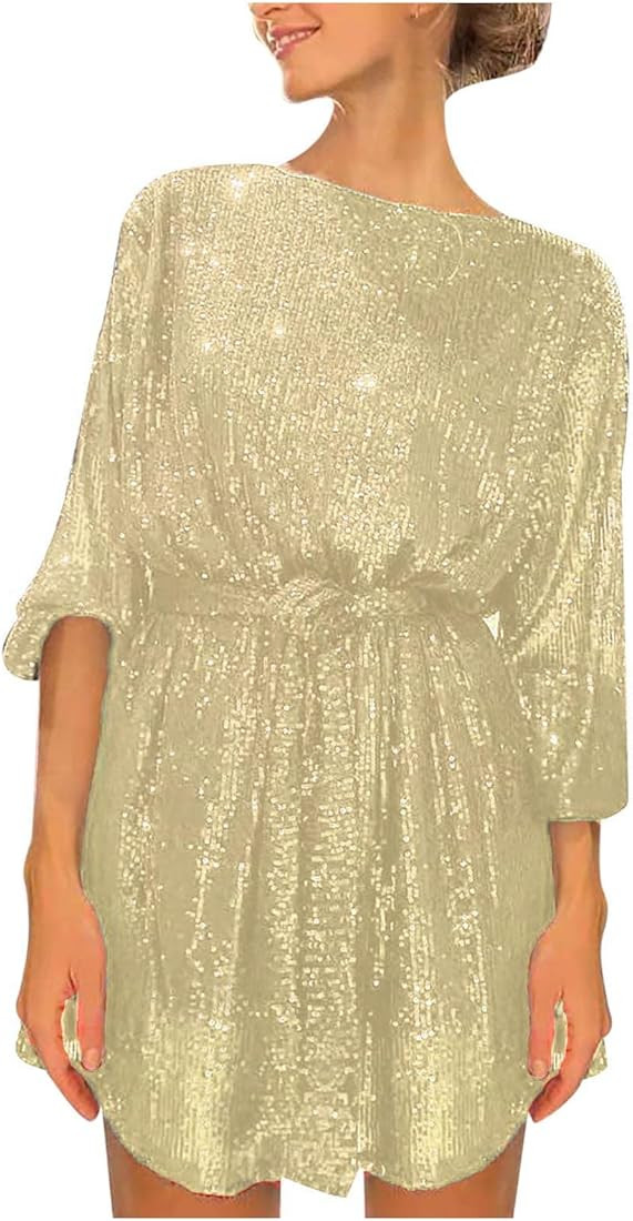 Sequin T-Shirt Dress for Women Sparkle Glitter Sexy Shift Mini Dresses Metallic Shirts Shiny Long... | Amazon (CA)