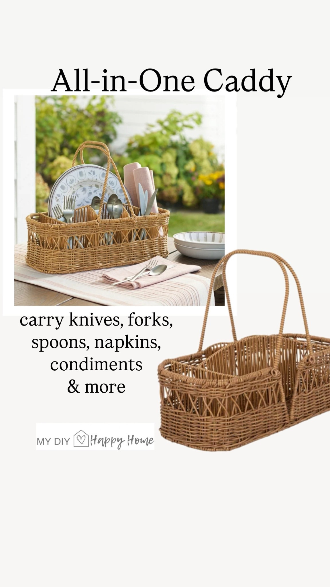 All in one caddy 

•Use indoors and out 
•carry knives, forks, spoons, napkins, condiments & more
•Handy oval-shaped utensil caddy with four compartments
•Ideal for use in the kitchen, on the porch, or by the pool
•Handwoven twisted resin rattan over a durable metal frame

#LTKSeasonal #LTKHome #LTKFindsUnder50