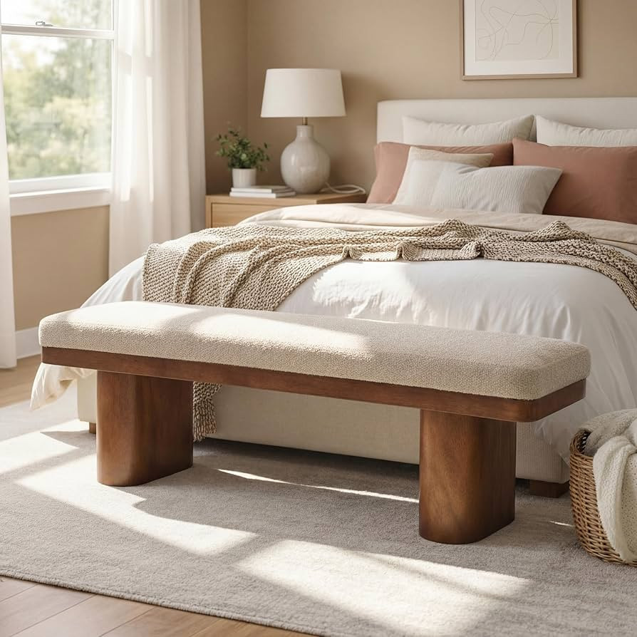 Christopher Knight Home 55" Chenille Upholstered Bench with Solid Rubber Wood Legs, Modern Farmhouse Bedroom Bench, Padded Entryway Bench Seat, Dining Bench for Living Room End of Bed, Light Brown | Amazon (US)