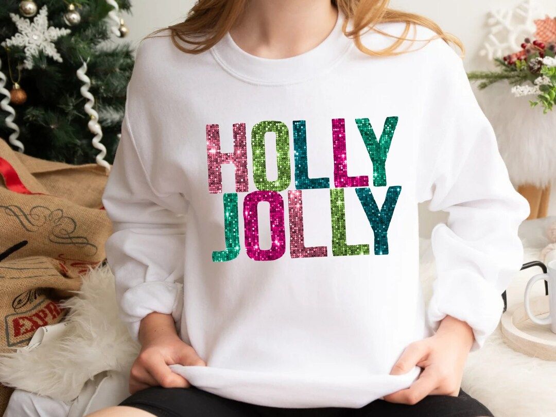 Holly Jolly Christmas Sweatshirtchristmas Sweaterfaux Sequin - Etsy | Etsy (US)