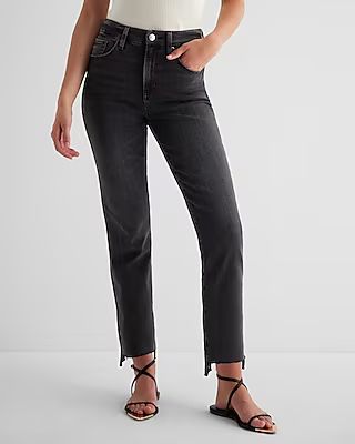 High Waisted Washed Black Raw Hem Curvy FlexX Straight Ankle Jeans | Express