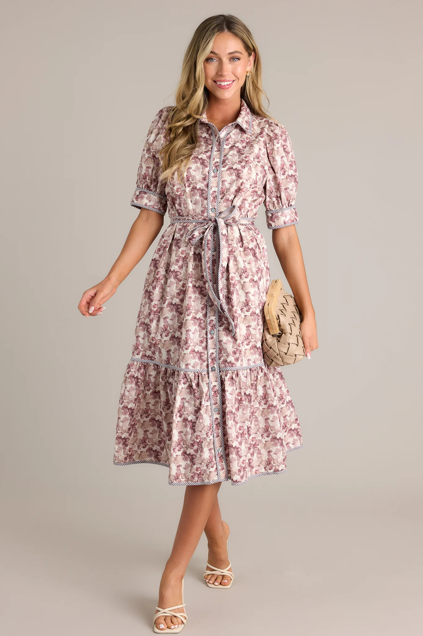 Midnight Mist 100% Cotton Brown Floral Midi Dress | Red Dress